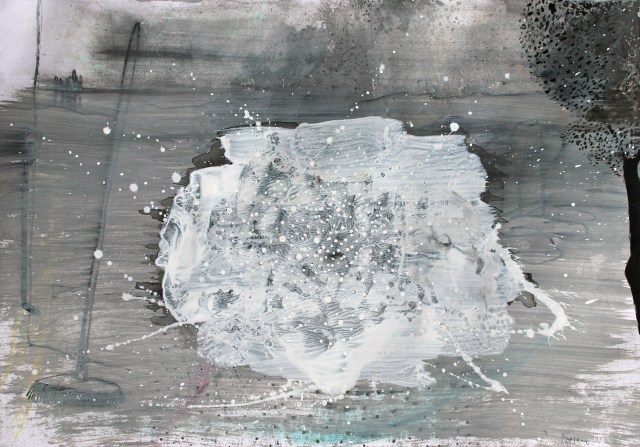 © Wilhelm Roseneder. Studie zu weißer Invasion/Study to white invasion, 2011.         Artist in Residence, Rome, Italy. Chinesische Reibtusche, Deckweiß, Bleistift auf Papier/Chinese ink, opaque white, pencil on paper 24x34 cm